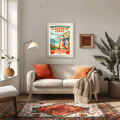 Bialetti Moka Pot Poster - Discover the Authentic Flavour of Italy - Whimsical Italian Coastal Kitchen Art - Retro Coffee Bar Decor