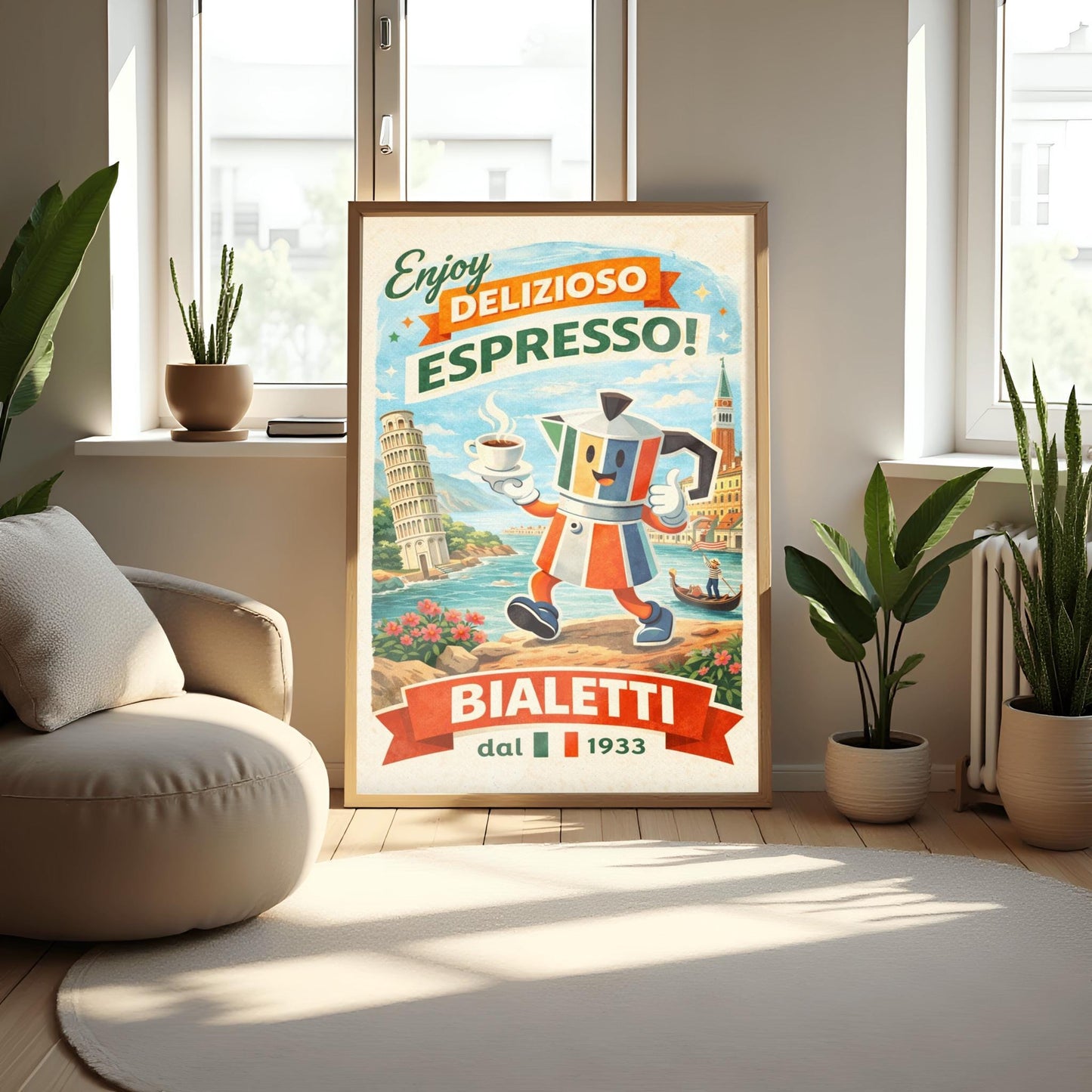 Bialetti Moka Whimsical Bialetti Moka Pot Poster - Retro Italian Espresso Wall Art - Vintage Italy Travel Illustration