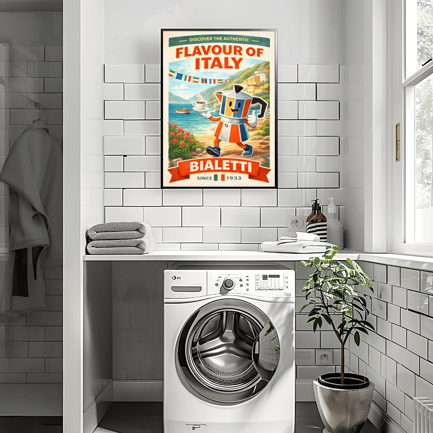 Bialetti Moka Pot Poster - Discover the Authentic Flavour of Italy - Whimsical Italian Coastal Kitchen Art - Retro Coffee Bar Decor