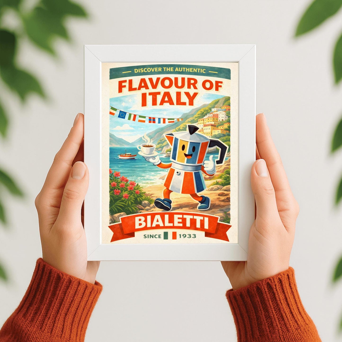 Bialetti Moka Pot Poster - Discover the Authentic Flavour of Italy - Whimsical Italian Coastal Kitchen Art - Retro Coffee Bar Decor