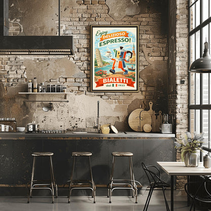 Bialetti Moka Whimsical Bialetti Moka Pot Poster - Retro Italian Espresso Wall Art - Vintage Italy Travel Illustration