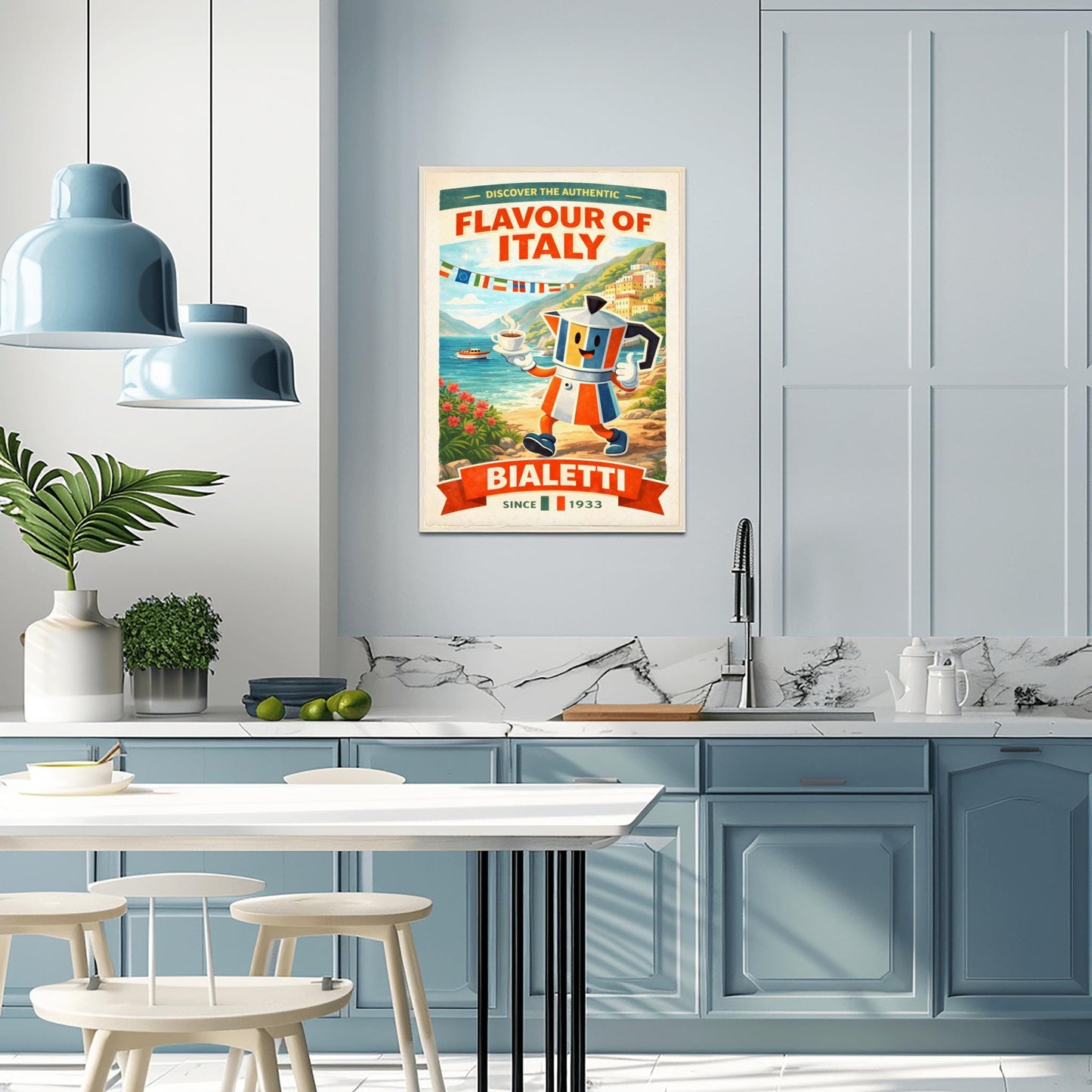 Bialetti Moka Pot Poster - Discover the Authentic Flavour of Italy - Whimsical Italian Coastal Kitchen Art - Retro Coffee Bar Decor