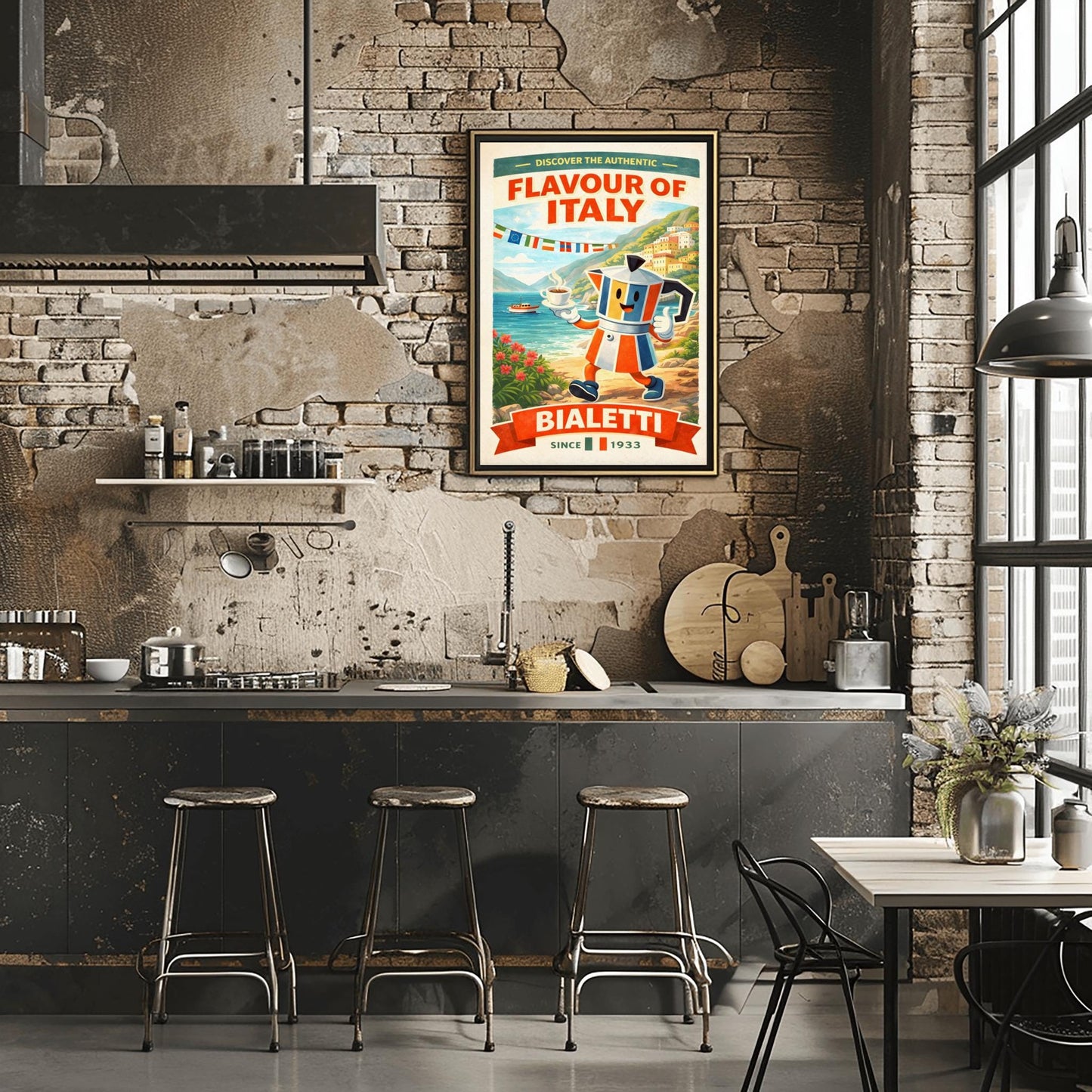 Bialetti Moka Pot Poster - Discover the Authentic Flavour of Italy - Whimsical Italian Coastal Kitchen Art - Retro Coffee Bar Decor