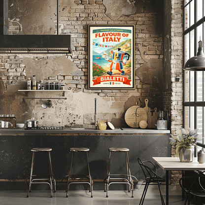 Bialetti Moka Pot Poster - Discover the Authentic Flavour of Italy - Whimsical Italian Coastal Kitchen Art - Retro Coffee Bar Decor