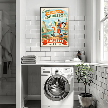Bialetti Moka Whimsical Bialetti Moka Pot Poster - Retro Italian Espresso Wall Art - Vintage Italy Travel Illustration