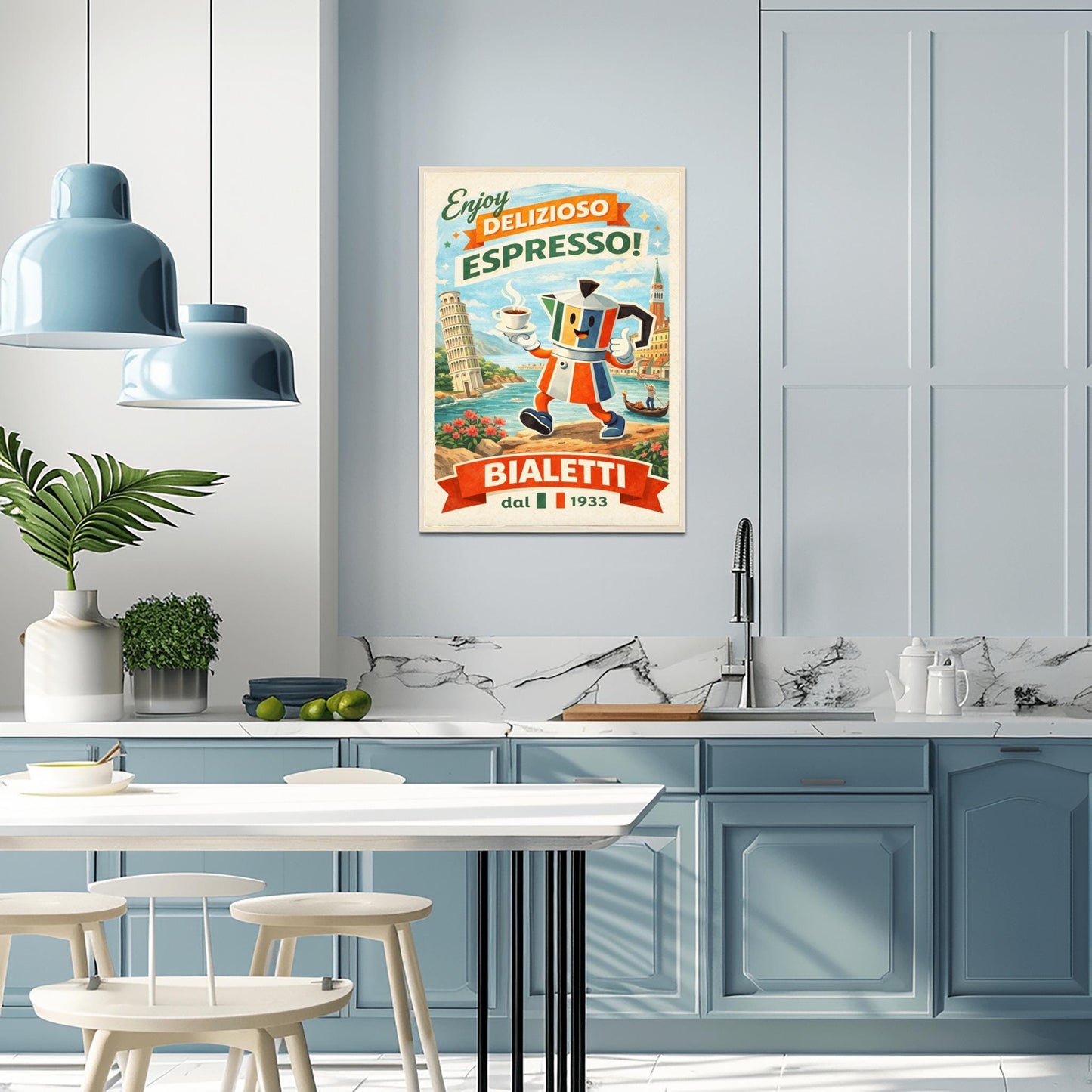 Bialetti Moka Whimsical Bialetti Moka Pot Poster - Retro Italian Espresso Wall Art - Vintage Italy Travel Illustration