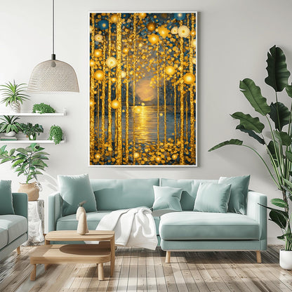 Gustav Klimt Inspired Golden Birch Forest - Art Nouveau Sunset Wall Decor - Luxury Gold Leaf Landscape