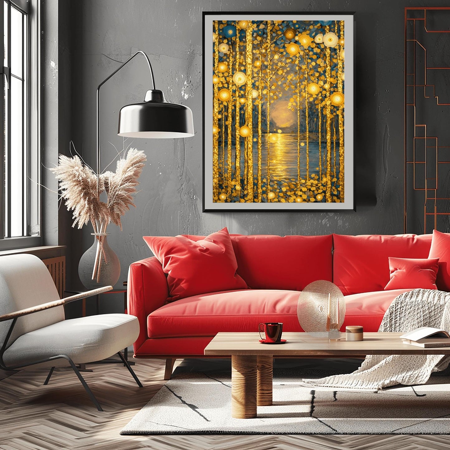 Gustav Klimt Inspired Golden Birch Forest - Art Nouveau Sunset Wall Decor - Luxury Gold Leaf Landscape