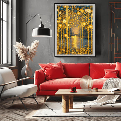 Gustav Klimt Inspired Golden Birch Forest - Art Nouveau Sunset Wall Decor - Luxury Gold Leaf Landscape