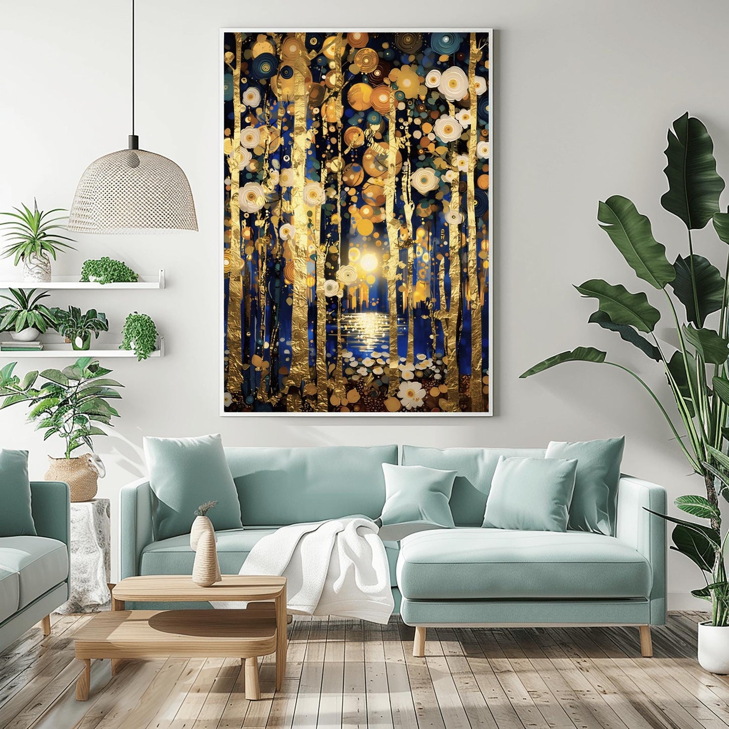 Gustav Klimt Inspired Wall Art - Golden Birch Tree Forest Painting - Art Nouveau Canvas Print - Large Abstract Gold Leaf Decor