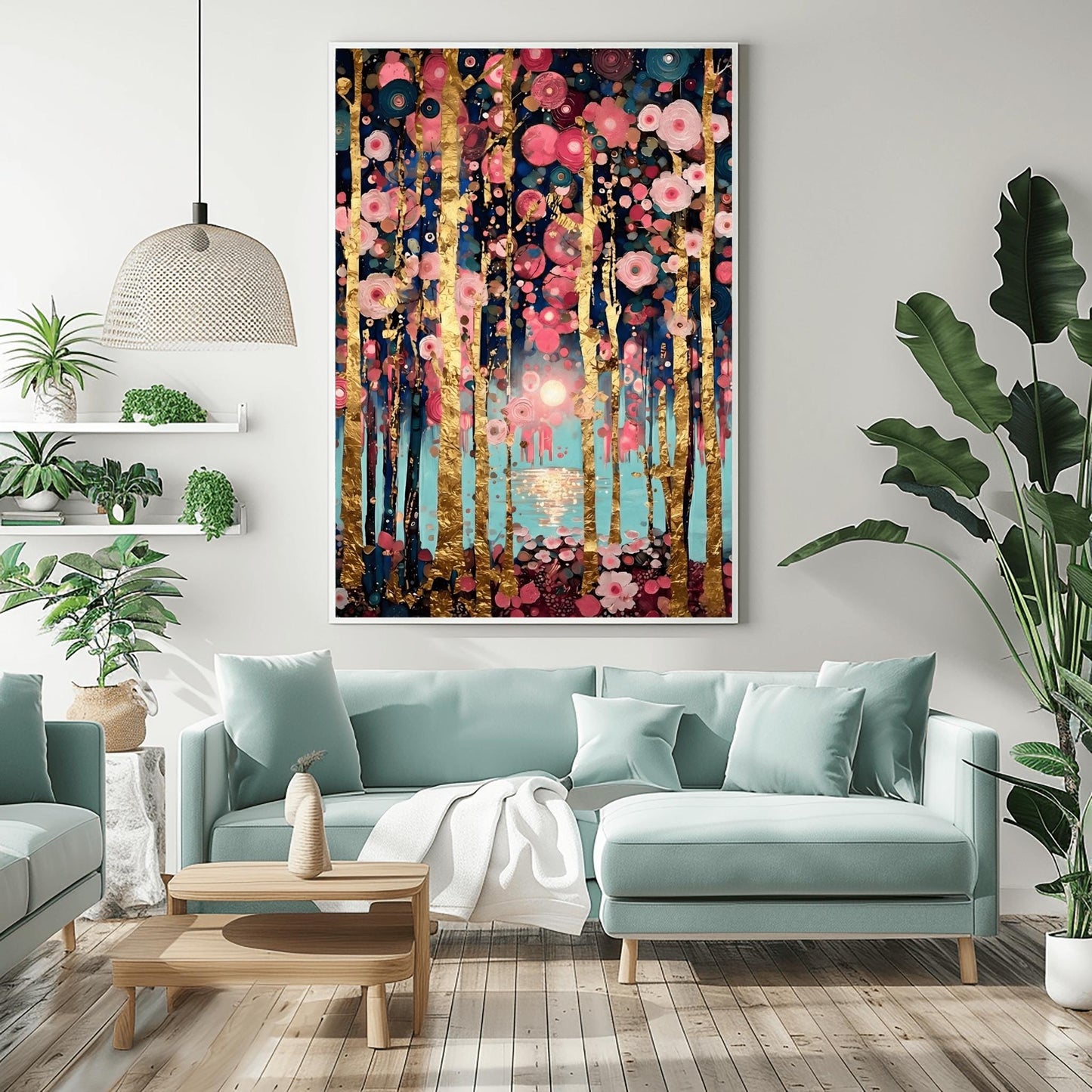 Gustav Klimt Inspired Forest Art – Rose Gold Birch Trees, Teal Lake