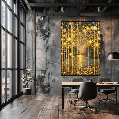 Gustav Klimt Inspired Golden Birch Forest - Art Nouveau Sunset Wall Decor - Luxury Gold Leaf Landscape