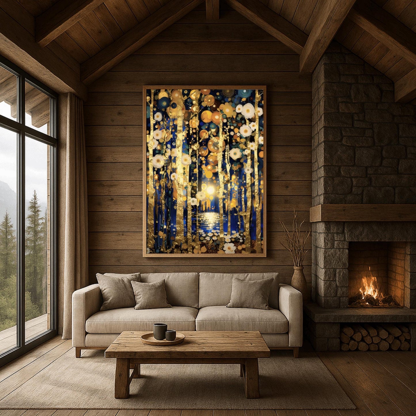 Gustav Klimt Inspired Wall Art - Golden Birch Tree Forest Painting - Art Nouveau Canvas Print - Large Abstract Gold Leaf Decor