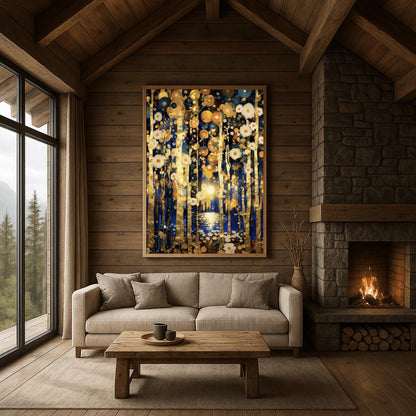 Gustav Klimt Inspired Wall Art - Golden Birch Tree Forest Painting - Art Nouveau Canvas Print - Large Abstract Gold Leaf Decor