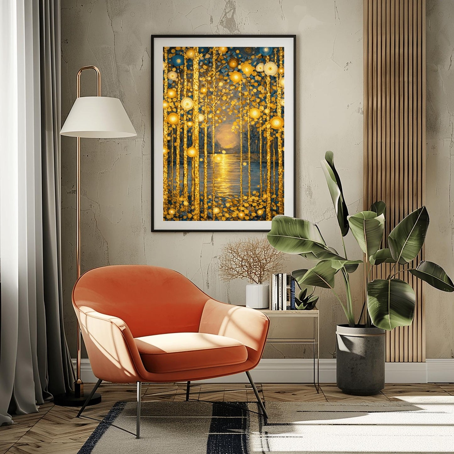 Gustav Klimt Inspired Golden Birch Forest - Art Nouveau Sunset Wall Decor - Luxury Gold Leaf Landscape