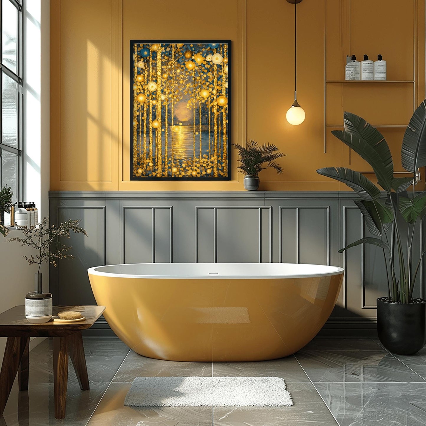 Gustav Klimt Inspired Golden Birch Forest - Art Nouveau Sunset Wall Decor - Luxury Gold Leaf Landscape