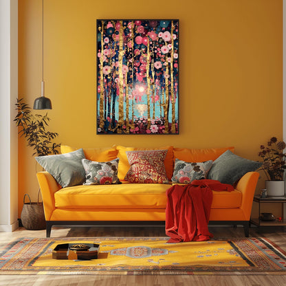 Gustav Klimt Inspired Forest Art – Rose Gold Birch Trees, Teal Lake