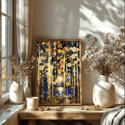 Gustav Klimt Inspired Wall Art - Golden Birch Tree Forest Painting - Art Nouveau Canvas Print - Large Abstract Gold Leaf Decor