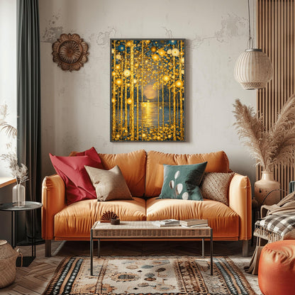Gustav Klimt Inspired Golden Birch Forest - Art Nouveau Sunset Wall Decor - Luxury Gold Leaf Landscape