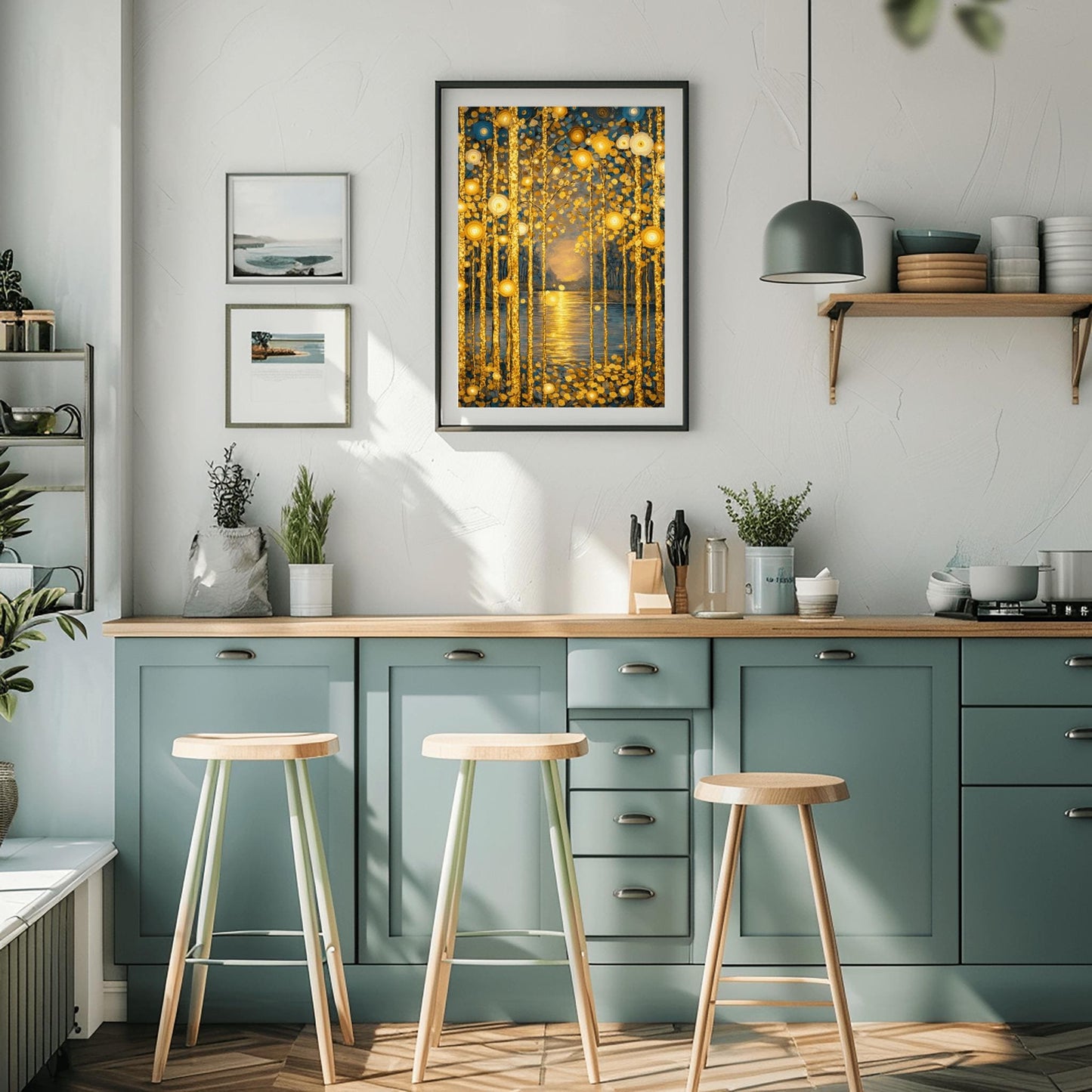 Gustav Klimt Inspired Golden Birch Forest - Art Nouveau Sunset Wall Decor - Luxury Gold Leaf Landscape