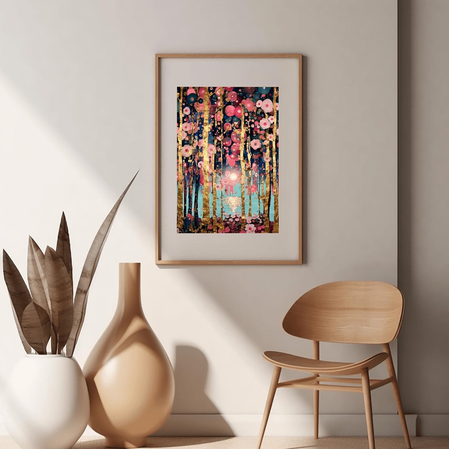 Gustav Klimt Inspired Forest Art – Rose Gold Birch Trees, Teal Lake