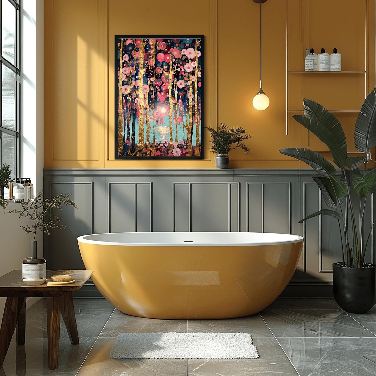 Gustav Klimt Inspired Forest Art – Rose Gold Birch Trees, Teal Lake