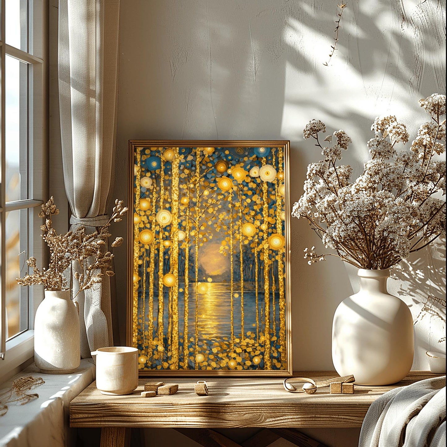 Gustav Klimt Inspired Golden Birch Forest - Art Nouveau Sunset Wall Decor - Luxury Gold Leaf Landscape