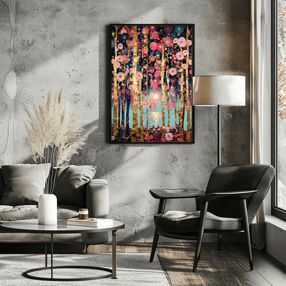 Gustav Klimt Inspired Forest Art – Rose Gold Birch Trees, Teal Lake