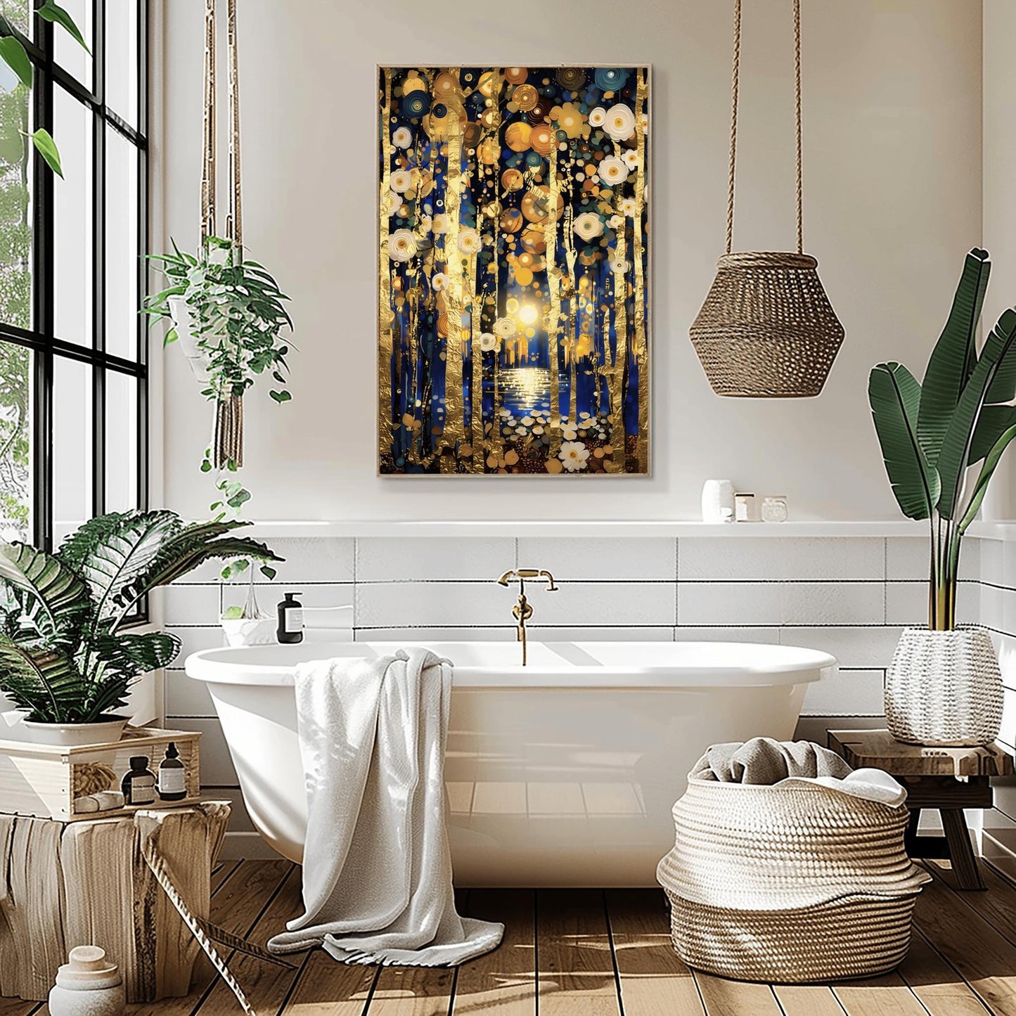 Gustav Klimt Inspired Wall Art - Golden Birch Tree Forest Painting - Art Nouveau Canvas Print - Large Abstract Gold Leaf Decor
