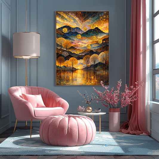 Gustav Klimt Inspired Landscape, Golden Mountain Wall Art, Mystical Lake and Orbs Print, Gilded Forest Print