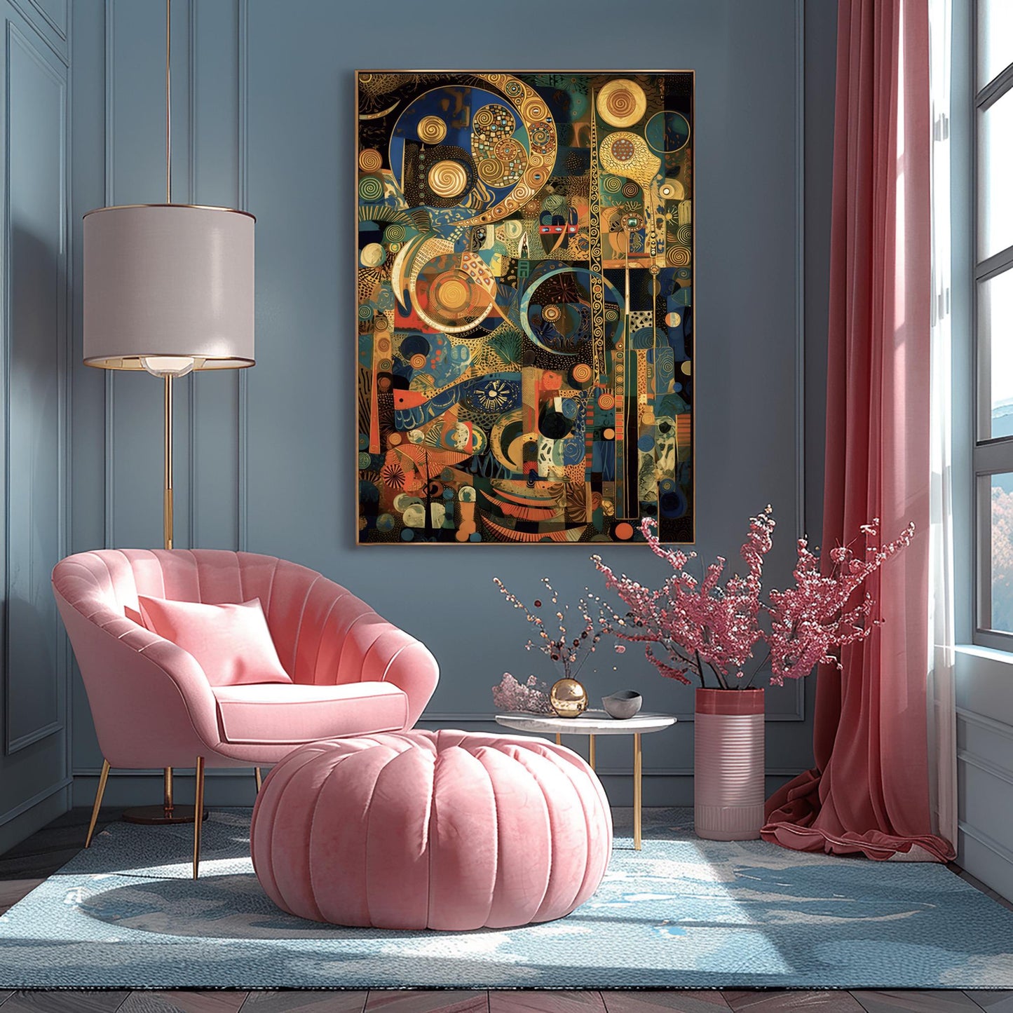 Gustav Klimt Inspired Mosaic Art Print, Navy Blue Gold Celestial Decor