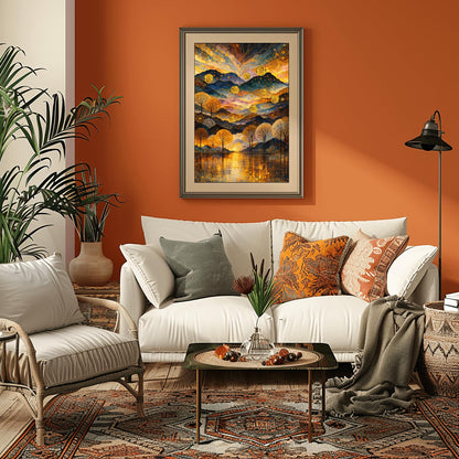 Gustav Klimt Inspired Landscape, Golden Mountain Wall Art, Mystical Lake and Orbs Print, Gilded Forest Print