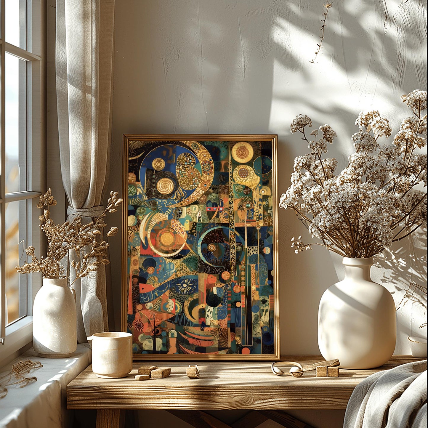 Gustav Klimt Inspired Mosaic Art Print, Navy Blue Gold Celestial Decor