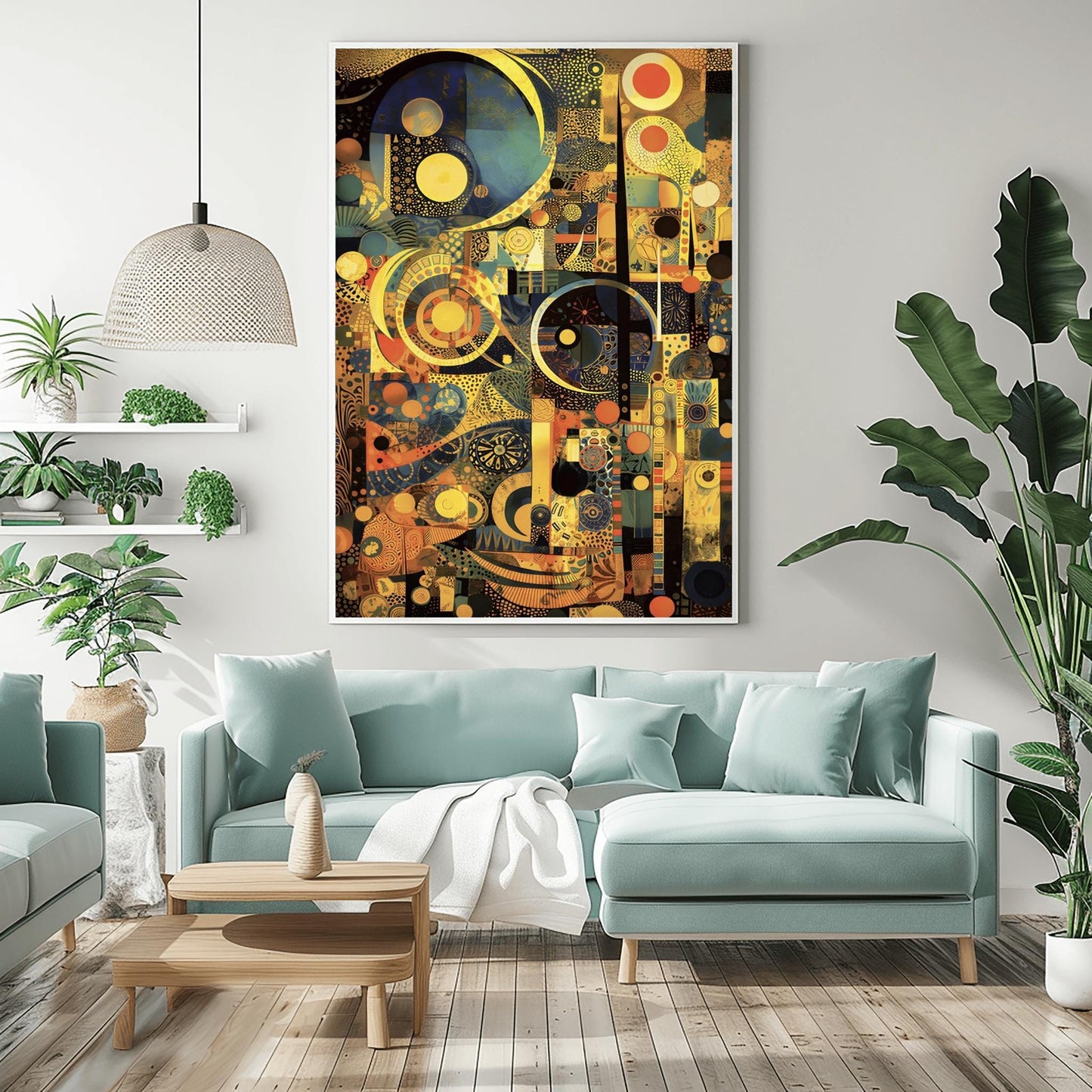 Gustav Klimt Inspired Abstract Art, Gold and Navy Blue Mosaic, Geometric Celestial Print, Modern Art Nouveau Poster