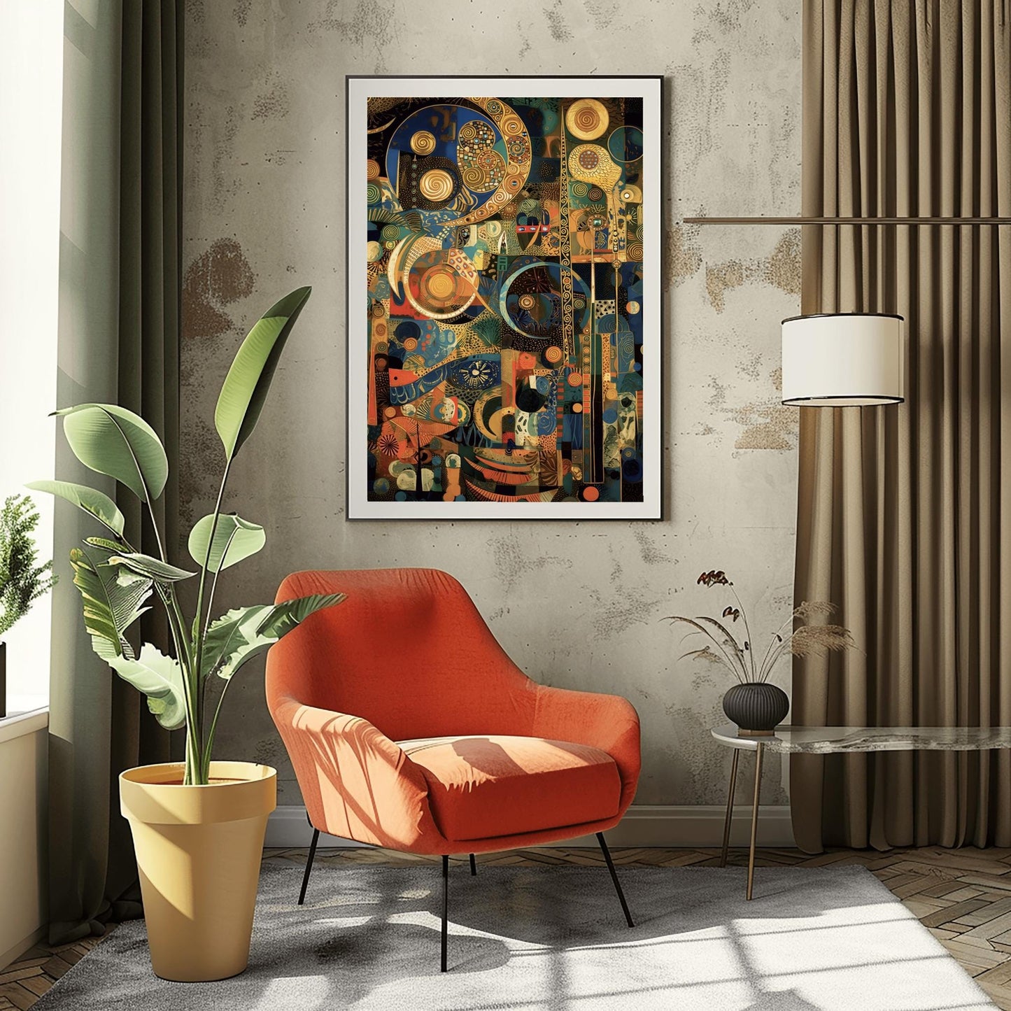 Gustav Klimt Inspired Mosaic Art Print, Navy Blue Gold Celestial Decor