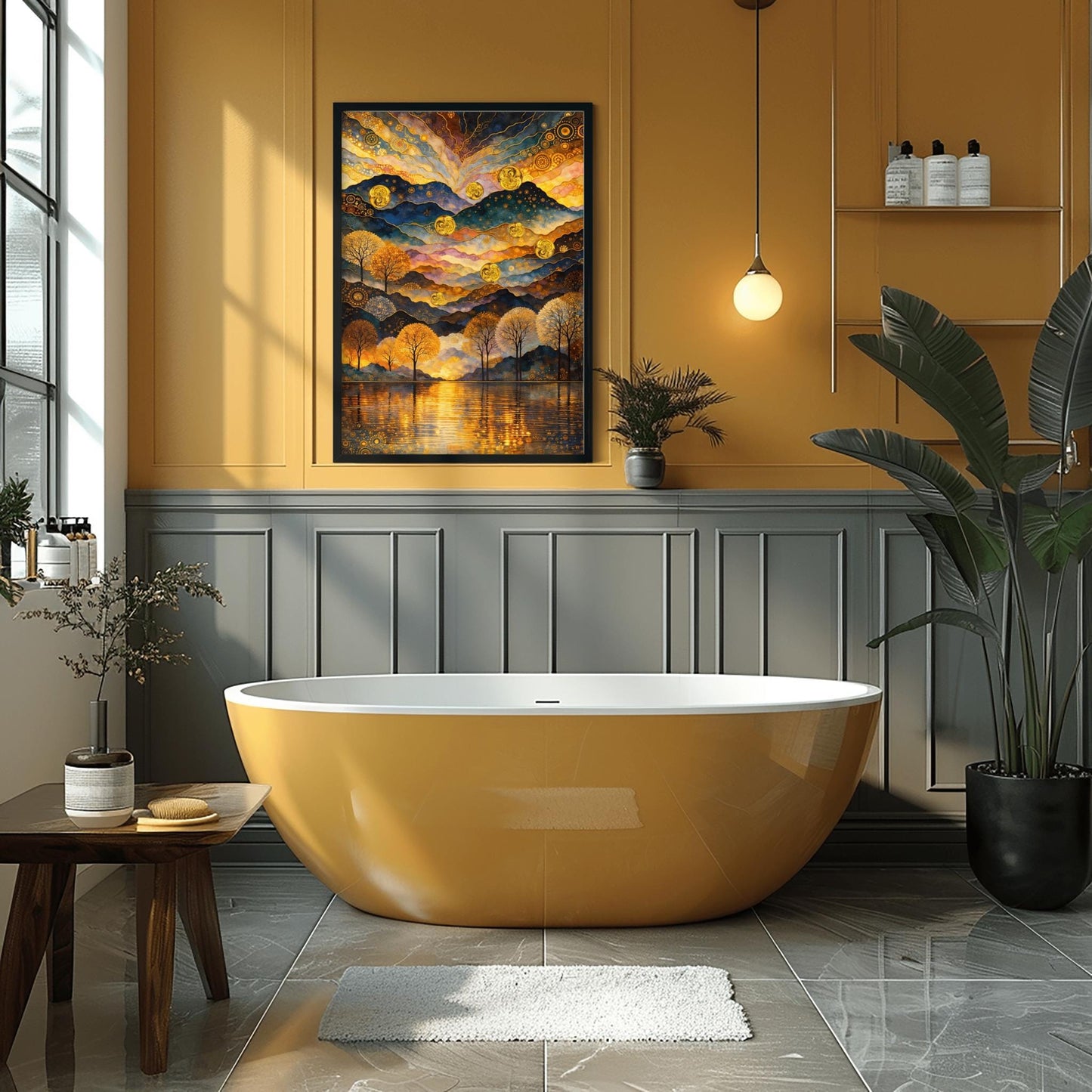 Gustav Klimt Inspired Landscape, Golden Mountain Wall Art, Mystical Lake and Orbs Print, Gilded Forest Print