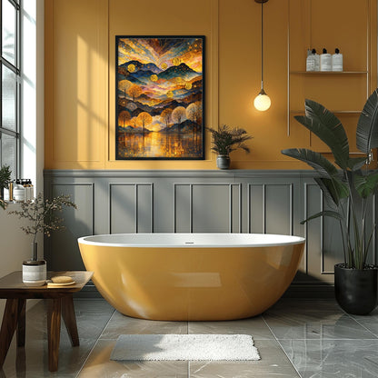 Gustav Klimt Inspired Landscape, Golden Mountain Wall Art, Mystical Lake and Orbs Print, Gilded Forest Print