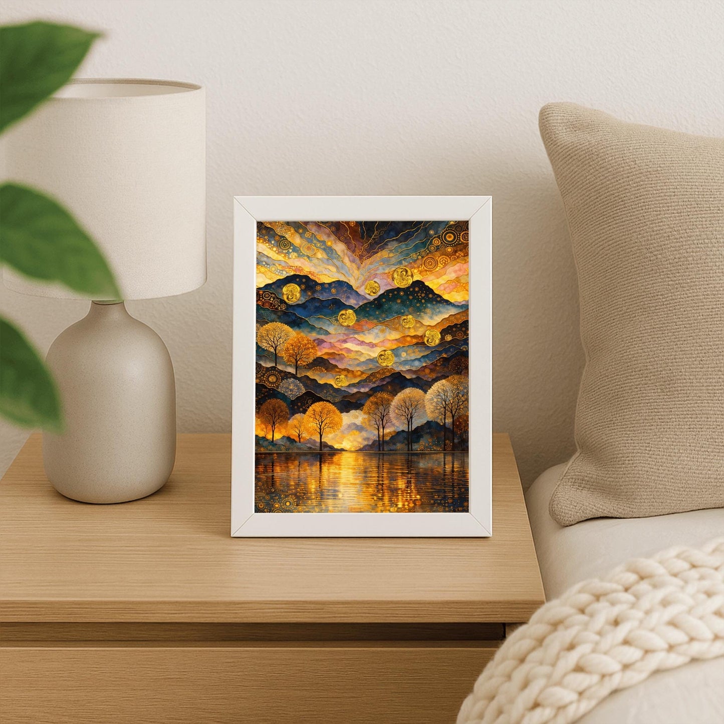 Gustav Klimt Inspired Landscape, Golden Mountain Wall Art, Mystical Lake and Orbs Print, Gilded Forest Print