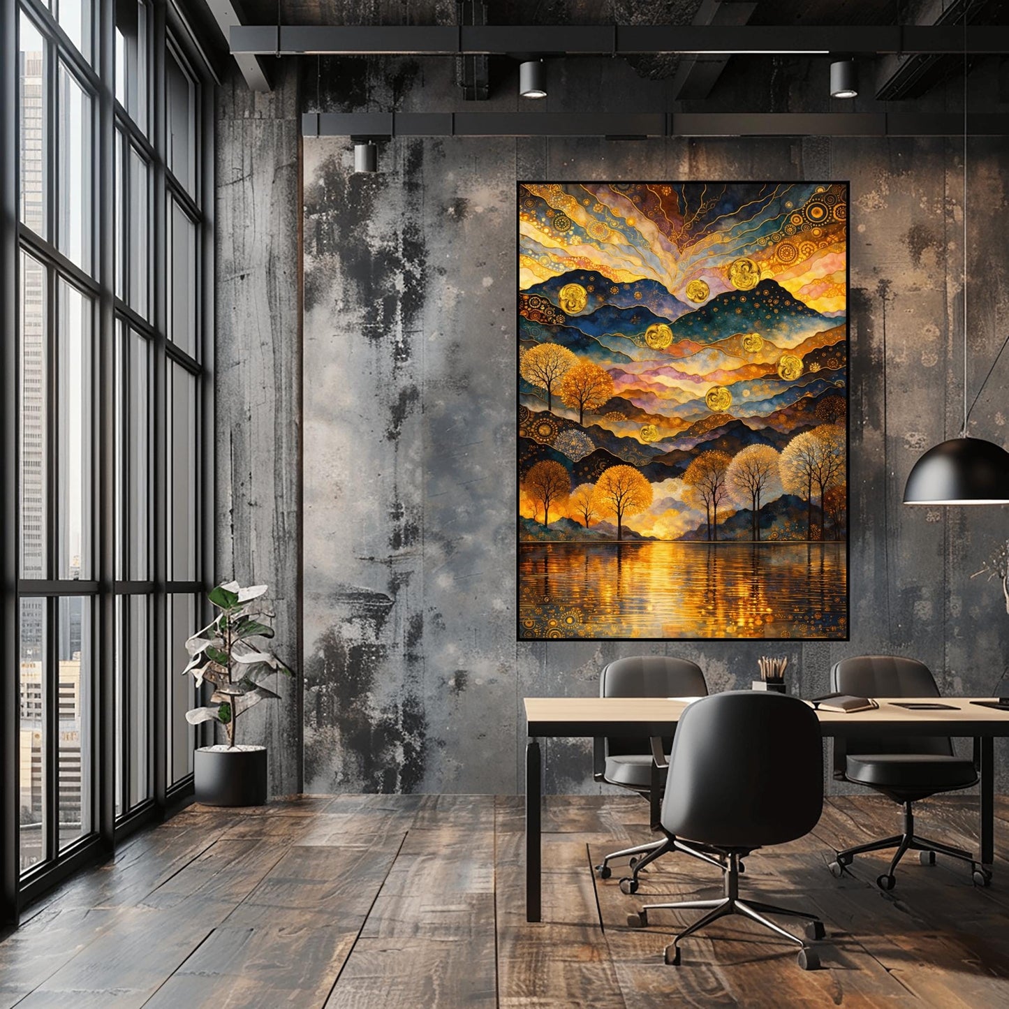 Gustav Klimt Inspired Landscape, Golden Mountain Wall Art, Mystical Lake and Orbs Print, Gilded Forest Print