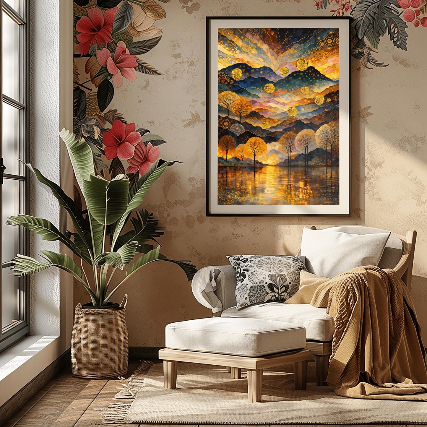 Gustav Klimt Inspired Landscape, Golden Mountain Wall Art, Mystical Lake and Orbs Print, Gilded Forest Print