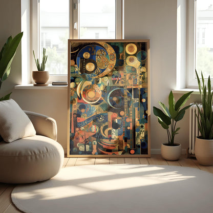 Gustav Klimt Inspired Mosaic Art Print, Navy Blue Gold Celestial Decor
