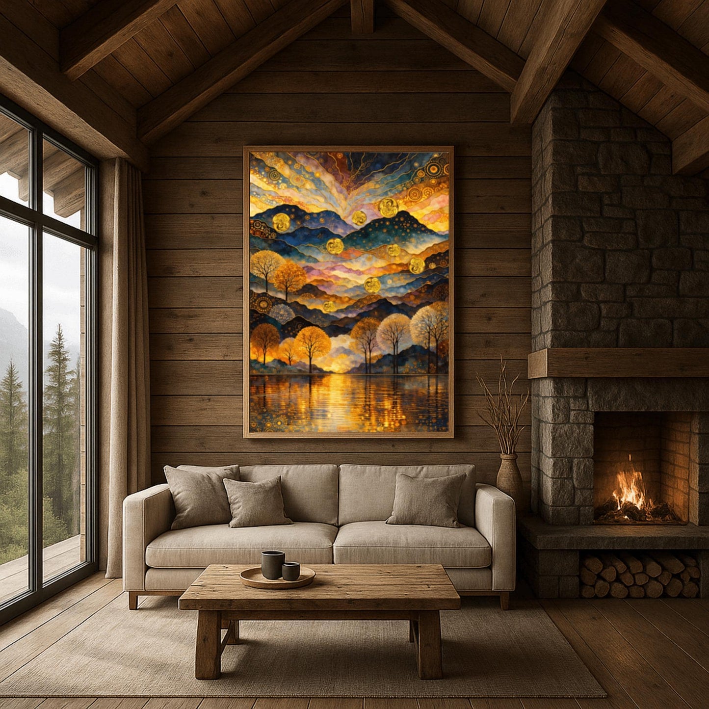 Gustav Klimt Inspired Landscape, Golden Mountain Wall Art, Mystical Lake and Orbs Print, Gilded Forest Print