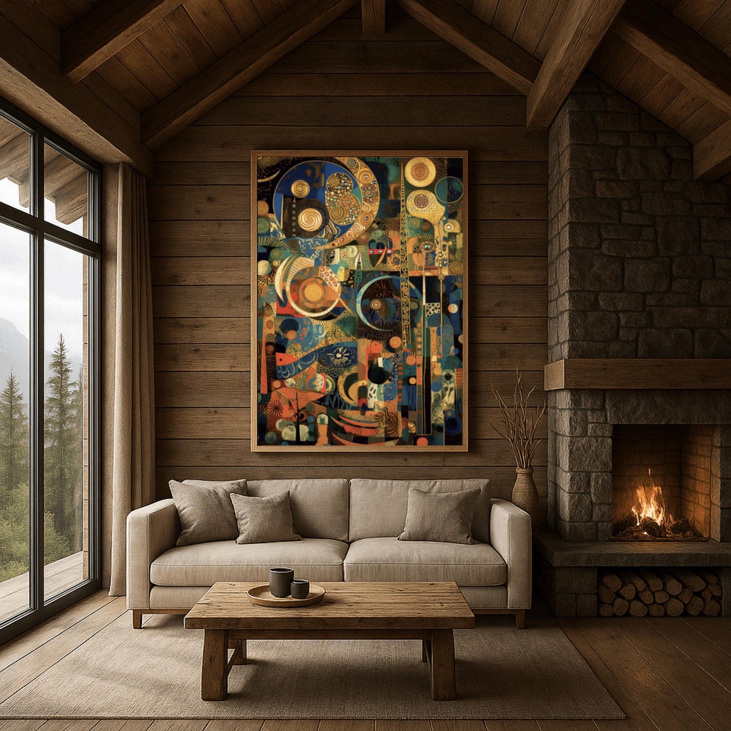 Gustav Klimt Inspired Mosaic Art Print, Navy Blue Gold Celestial Decor