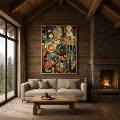 Gustav Klimt Inspired Mosaic Art Print, Navy Blue Gold Celestial Decor