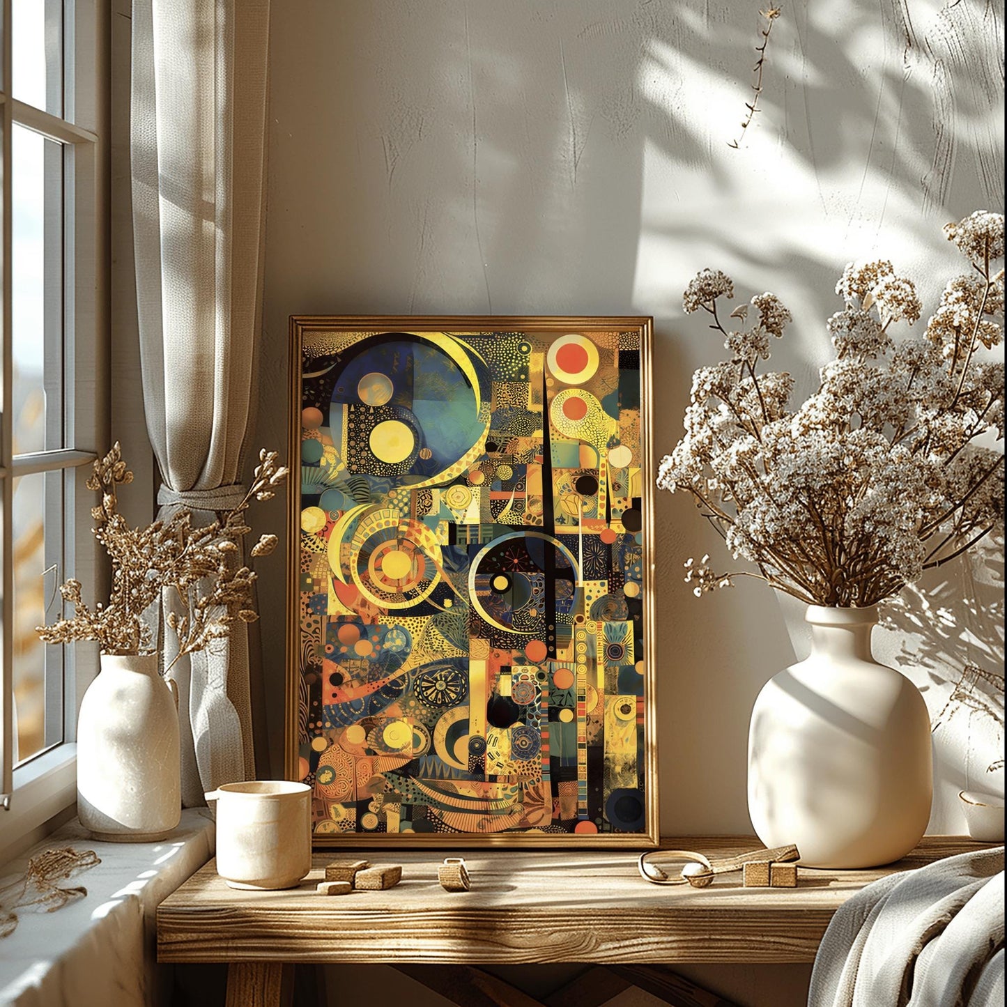 Gustav Klimt Inspired Abstract Art, Gold and Navy Blue Mosaic, Geometric Celestial Print, Modern Art Nouveau Poster