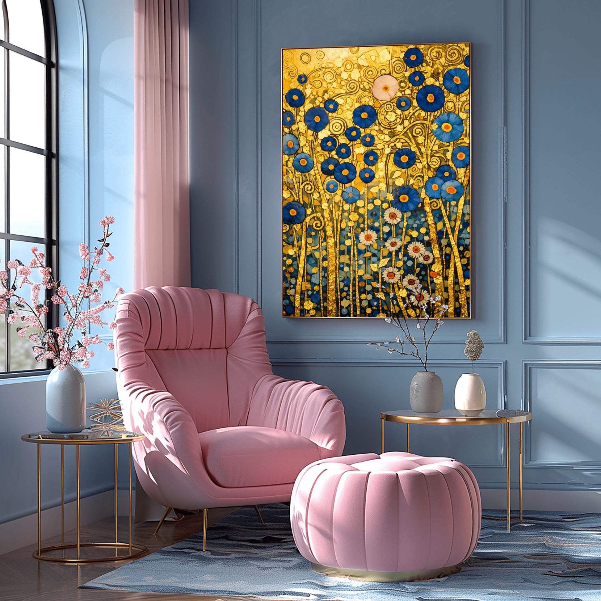 A vertical fine art landscape in the style of Gustav Klimt. A dense cluster of deep blue flowers with gold centers and white daisies grows against a textured gold leaf background filled with spirals and geometric patterns. The stems are slender and golden, creating a rich, mosaic-like botanical tapestry.