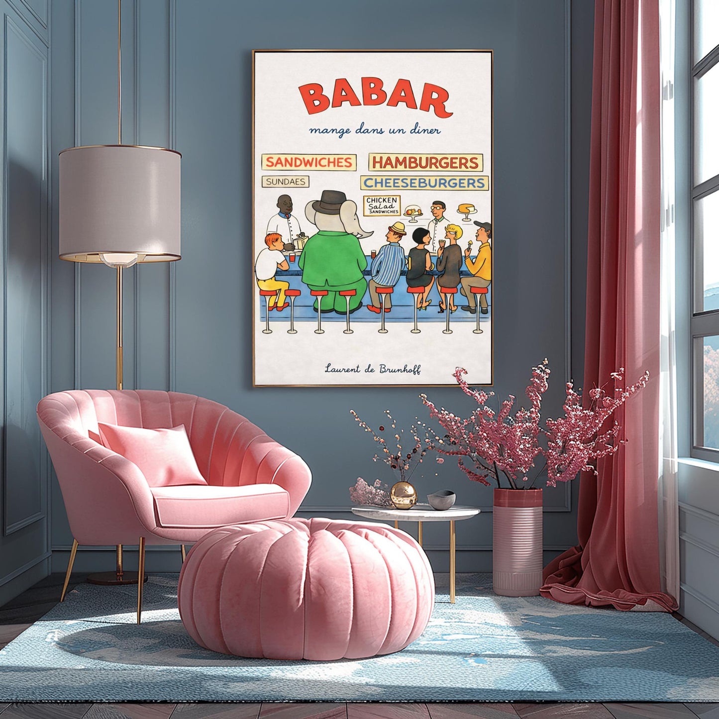 Babar the Elephant Mange Dans Un Diner Poster - Vintage American Diner Print - Laurent de Brunhoff Art