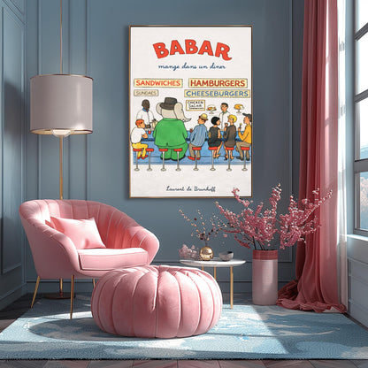 Babar the Elephant Mange Dans Un Diner Poster - Vintage American Diner Print - Laurent de Brunhoff Art