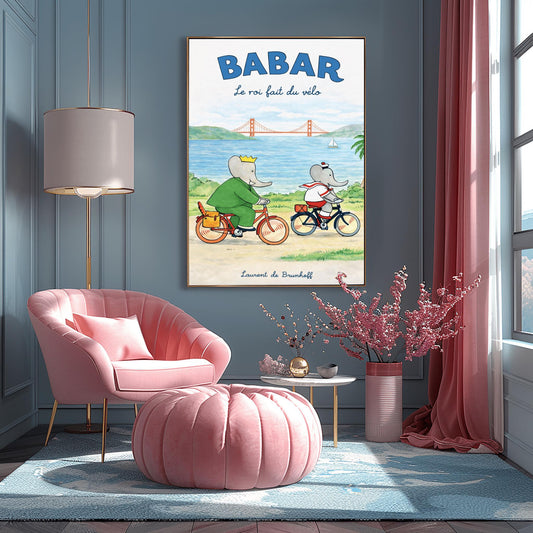 Babar the Elephant Le Roi Fait Du Vélo Poster - Vintage San Francisco Cycling Print - Laurent de Brunhoff Art