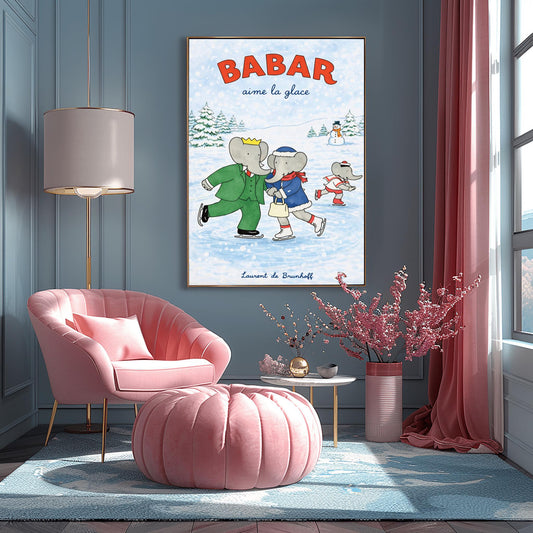 Babar the Elephant Aime La Glace Poster - Vintage Ice Skating Print - Laurent de Brunhoff Art